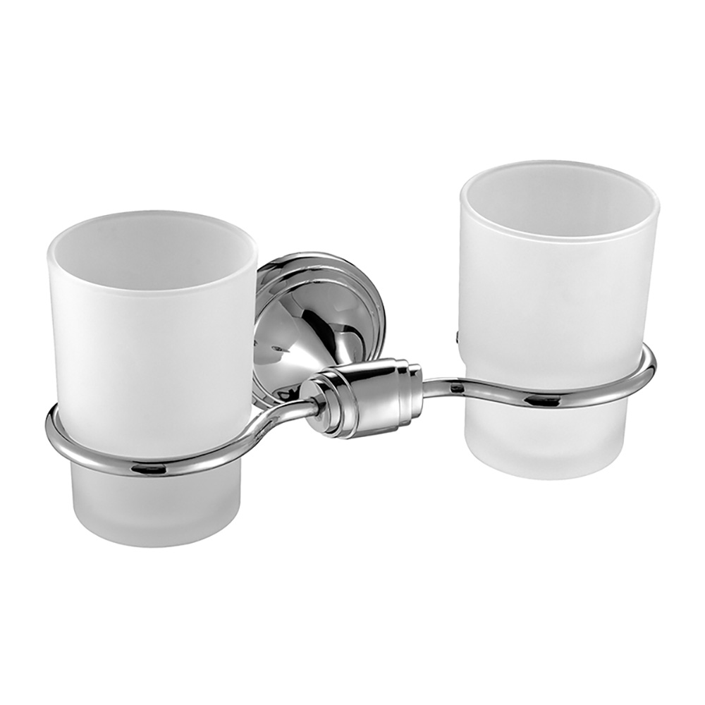 OJ-L4207J Double Toothbrush Holder Wall Mounted Glass Tumbler Holder with Frosted Glass Cup Organizer Bathroom Storage Zinc Alloy Bathroom Accessories