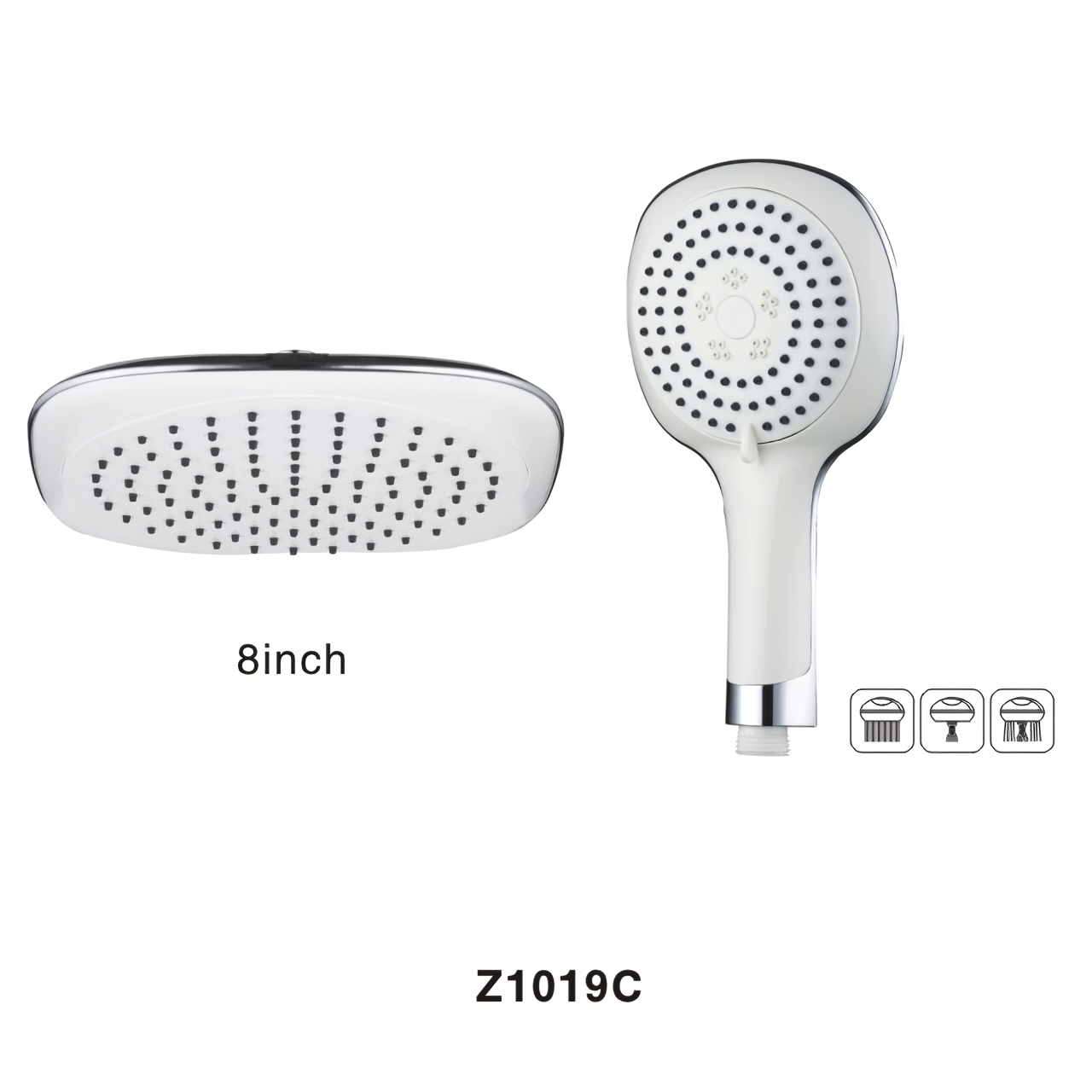 Z1019C Square Shower Head 8 Inch Angle Adjustable High Flow Rainfall Shower head Three Functions Handheld Shower for Luxury Shower Experience Plastic Shower Head