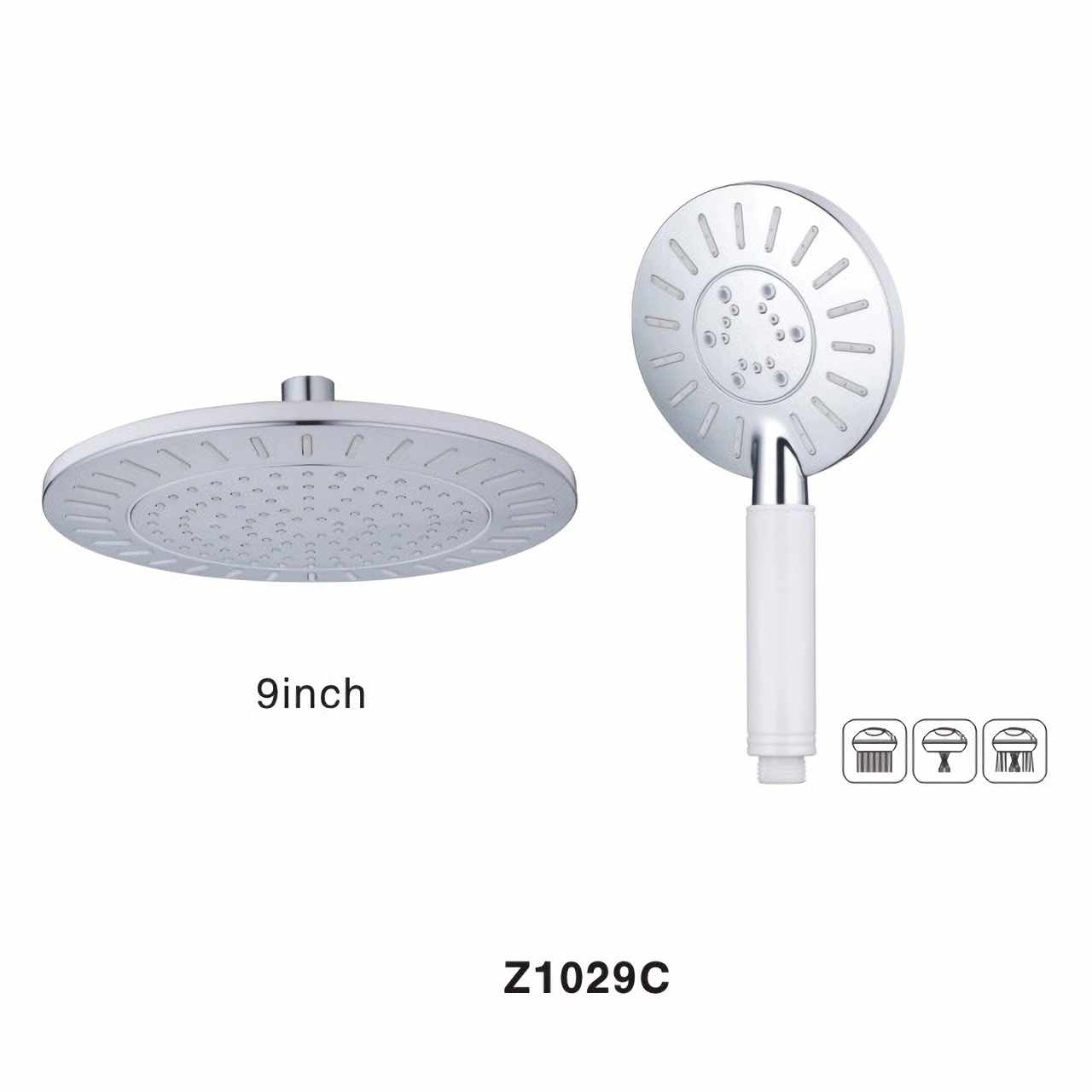 Z1029C 9 Inch Water Saving Plastic Shower Head With 3-way Shower Spa Mode Silver Face Plastic Hand Shower 