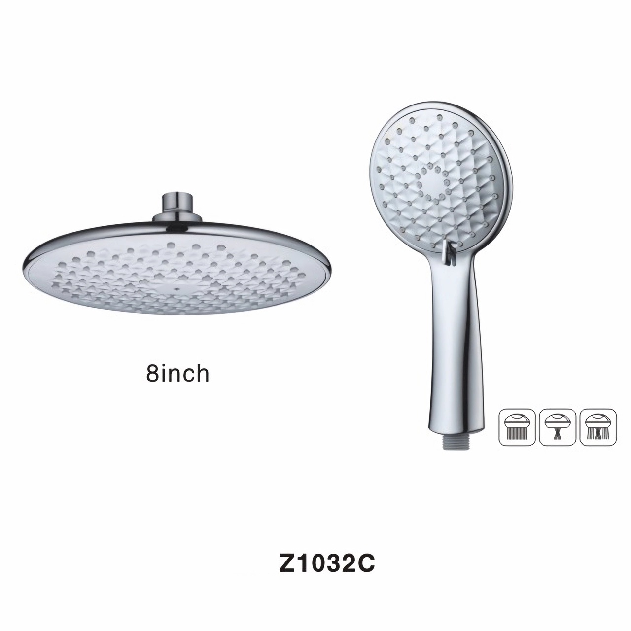 Z1032C 8 Inch High Pressure Rainfall Round All-Chrome Finish Plastic Shower Head With Silver 3 Settings Adjustable Anti-leak Plastic Hand Shower