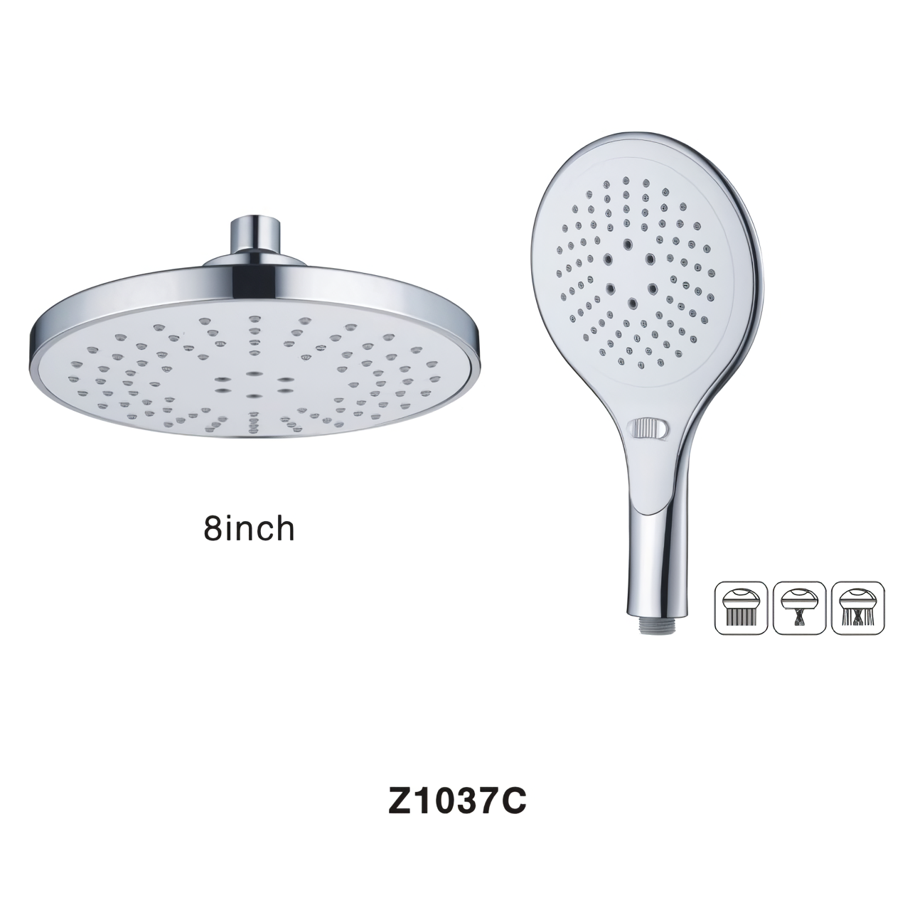 Z1037C 8 Inch Rain Plastic Shower Head with Handheld Sparay Combo Easy to Install Wide Rainfall Shower head with 3 Water Spray Modes Plastic Hand Shower