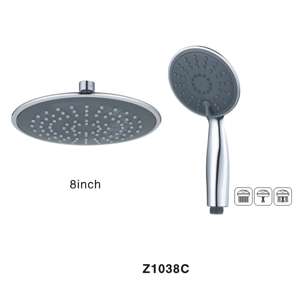 Z1038C Adjustable Dual 8 Inch Round Plastic Shower head with Anti-Clog Nozzles 3 Settings High Pressure Rain Fall Plastic Hand Shower