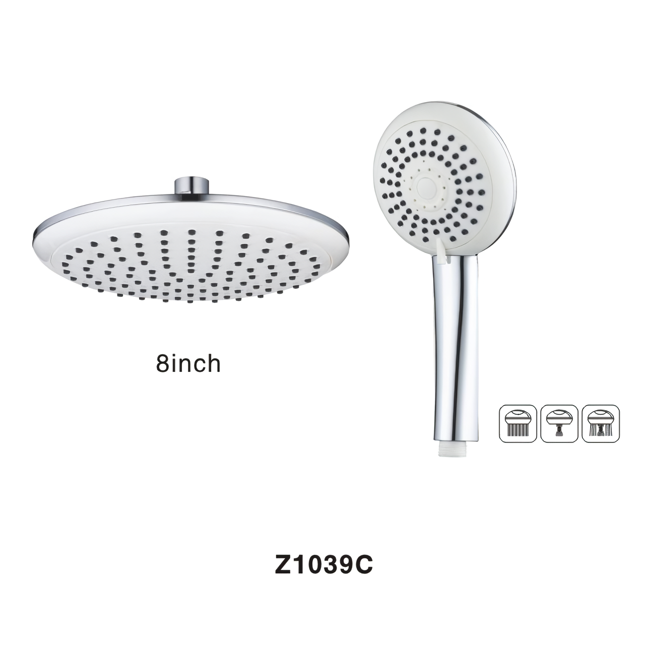 Z1039C White Rain Shower Heads System 8'' High Pressure Rainfall Round Plastic Shower Head 3 Modes Flow Regulator Plastic Hand Shower