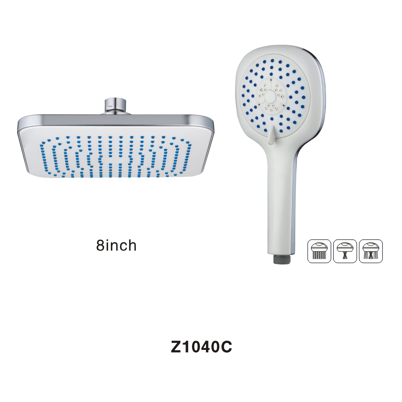 Z1040C Dream Spa Ultra White 8 Inch Square Plastic Shower Head 3 Functions Detachable Shower Head Set for Bathroom Plastic Hand Shower