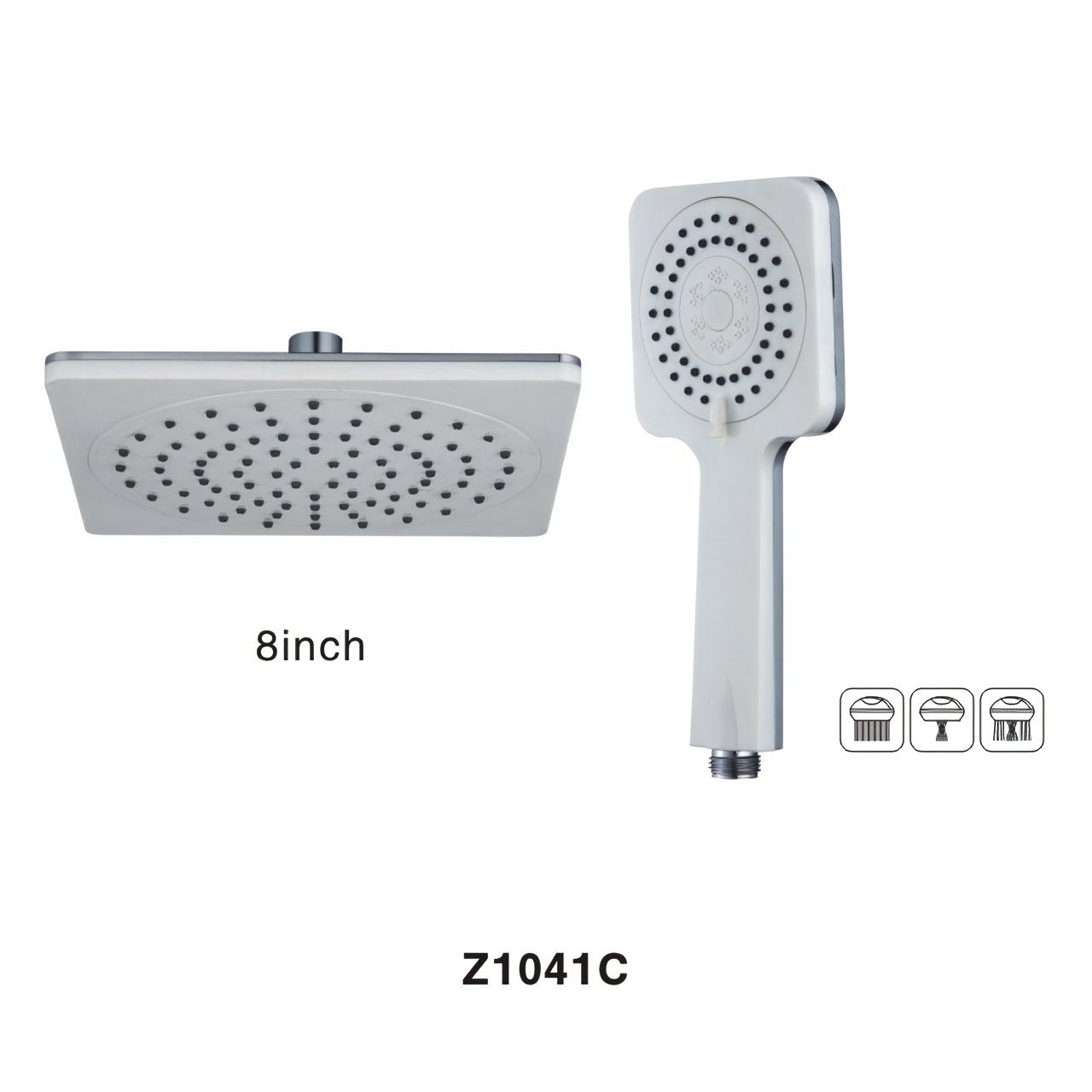 Z1041C Handheld Shower Head Set Square White 8 Inch Plastic Shower Head With Adjustable 3 Modes Plastic Hand Shower 