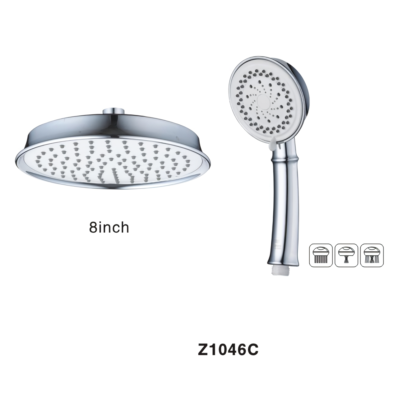 Z1046C Antique Shower Sets Fixtures 8 Inch Round Plastic Shower Head Adjustable 3 Settings Chrome Plastic Hand Shower