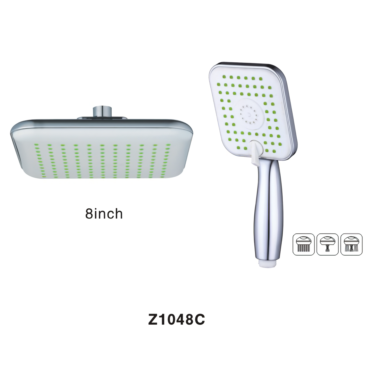 Z1048C Bathroom High Pressure Square 8 Inch Plastic Shower Head With High Flow Hand Held And Adjustable Replacement 3 Modes Plastic Hand Shower