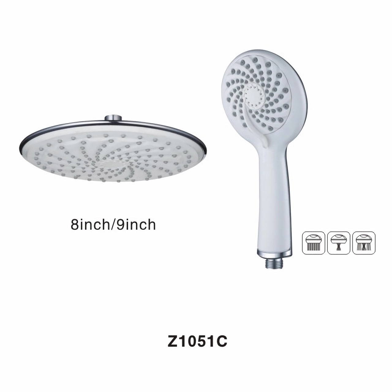 Z1051C Bathroom Shower System High Pressure White 8 Inch/9 Inch Round Plastic Shower Head With 3 Settings Plastic Hand Shower