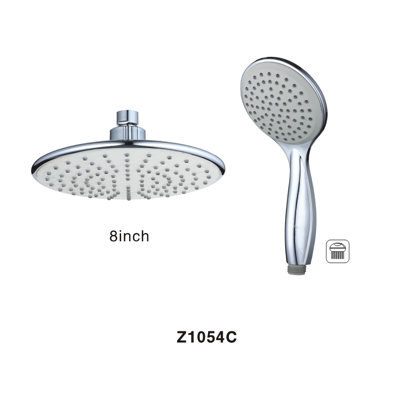 Z1054C 8 Inch Round High Pressure Rain Shower Set Plastic Shower Head Silver Chrome One Setting Anti-Clog Nozzles Plastic Hand Shower 