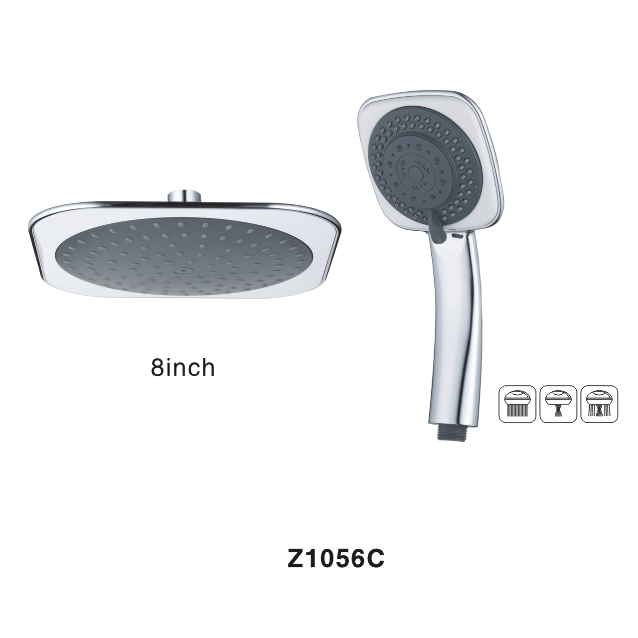 Z1056C Silver Chrome Look Square 8 Inch Wide Rainfall Plastic Shower Head Easy to Install 3 Modes Plastic Hand Shower