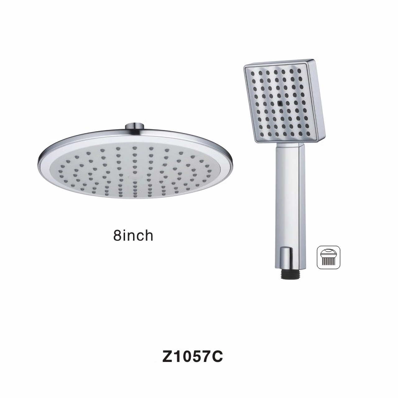 Z1057C High Pressure Waterfall Shower System Round 8 Inch Plastic Shower Head With Square One Function Chrome Look Plastic Hand Shower