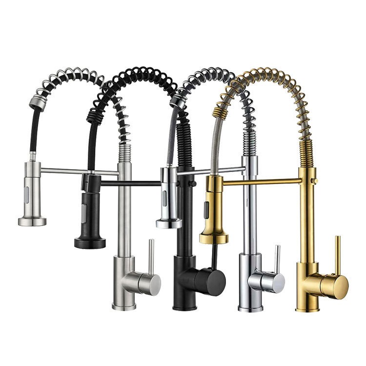 OJ-LH1301 Deck Mounted Brass Pull Down Flexible Spring Sprayer Kitchen Mixer Long Neck Hot Cold Water Brass Kitchen Faucet